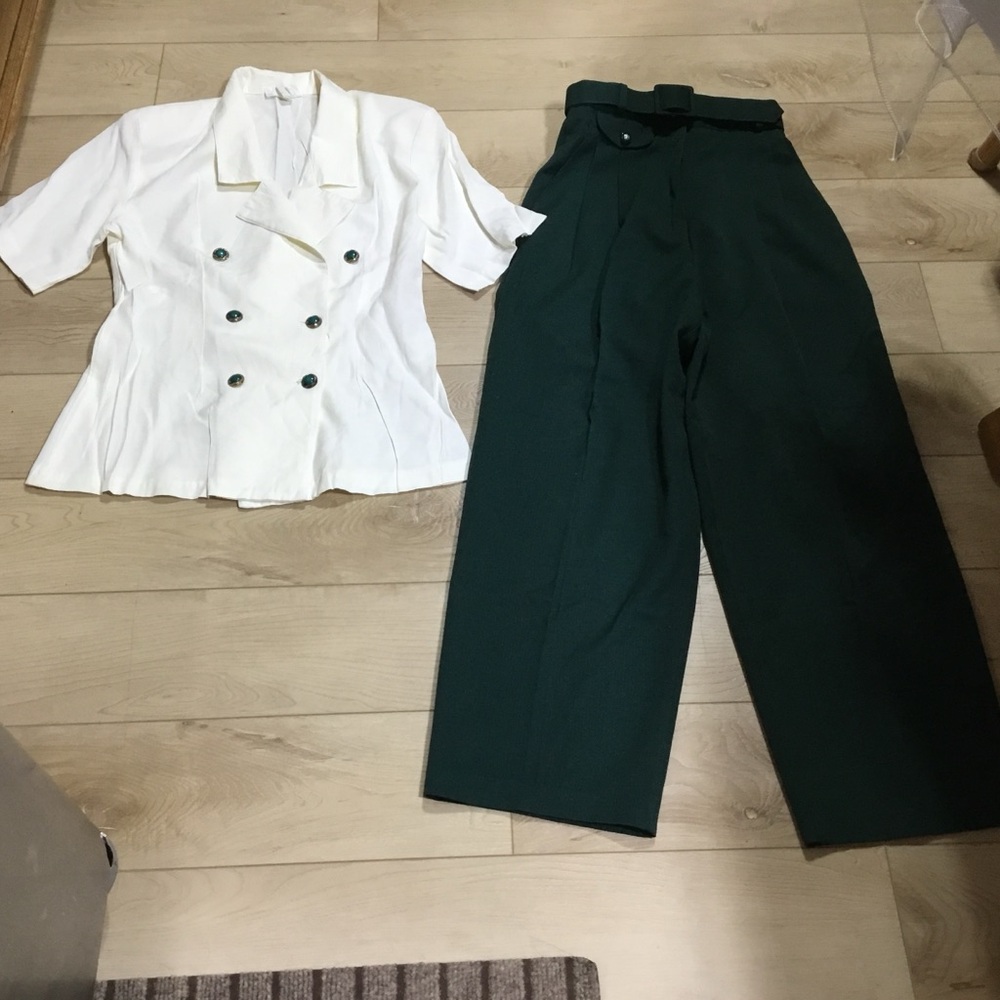 Elegant White Cream Blouse and Green Pant Set